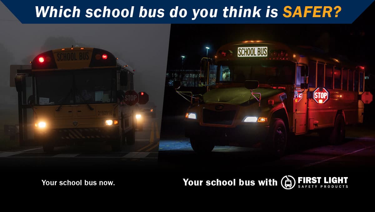 Photo in the dark comparing industry standard school bus next to a school bus with the Illuminated School Bus Sign and the Fully Illuminated Stop Arm. “Which school bus do you think is safer?”